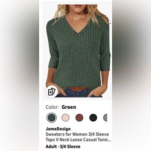 Army Green Ribbed Tunic Sweater 3/4 Sleeve Casual Top Large